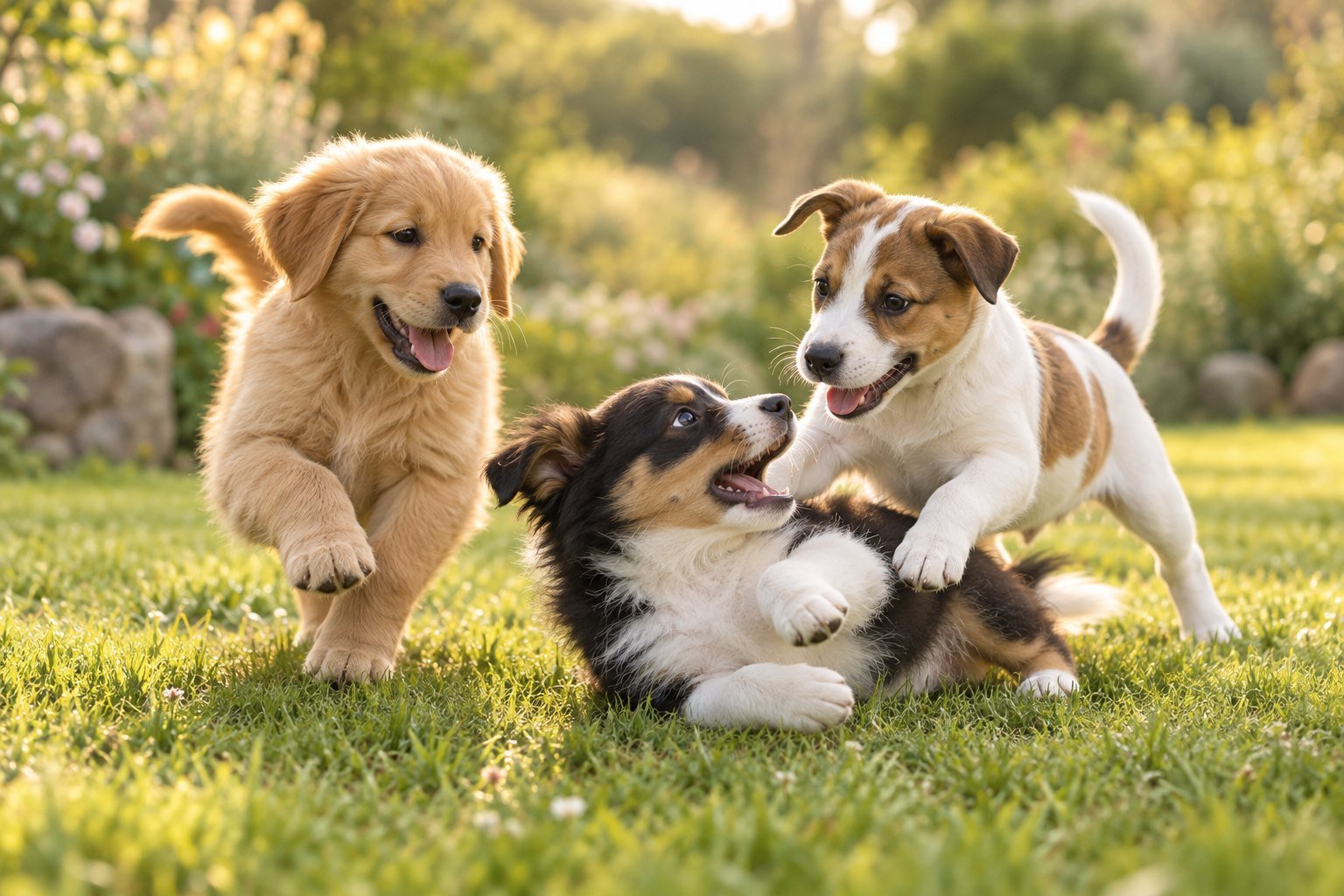 Three puppies playing together in a sunny garden