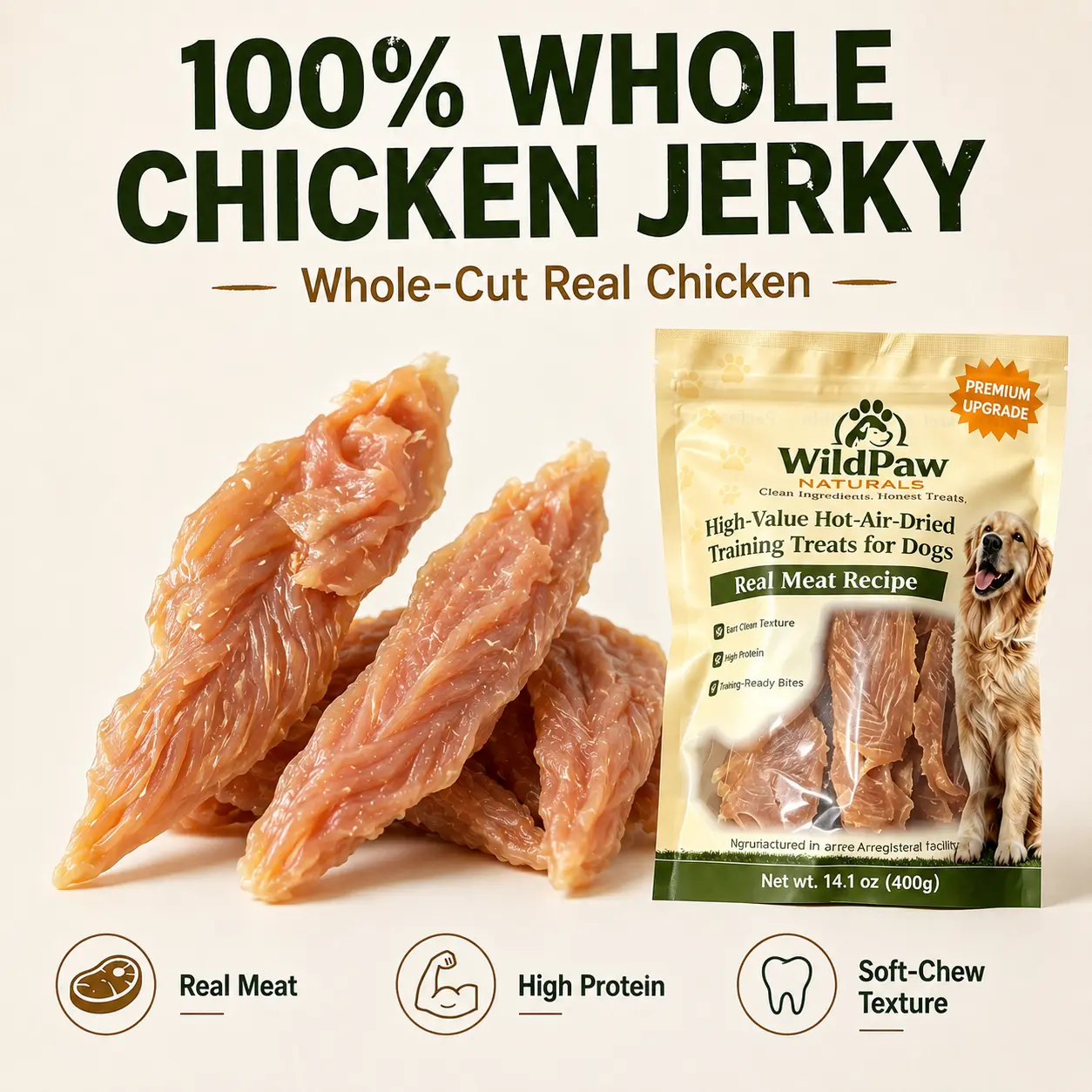 Wildpaw Natural Grain-Free Whole Cut Classic Jerky Dog Training Treats - 14.1Oz Real Chicken Breast, Easy Chew Meaty Texture, Resealable Bag, 12-Month Shelf Life, Dairy-Free Treat, Fuller Whole-Cut Look, All Ages Rewards - Image 5