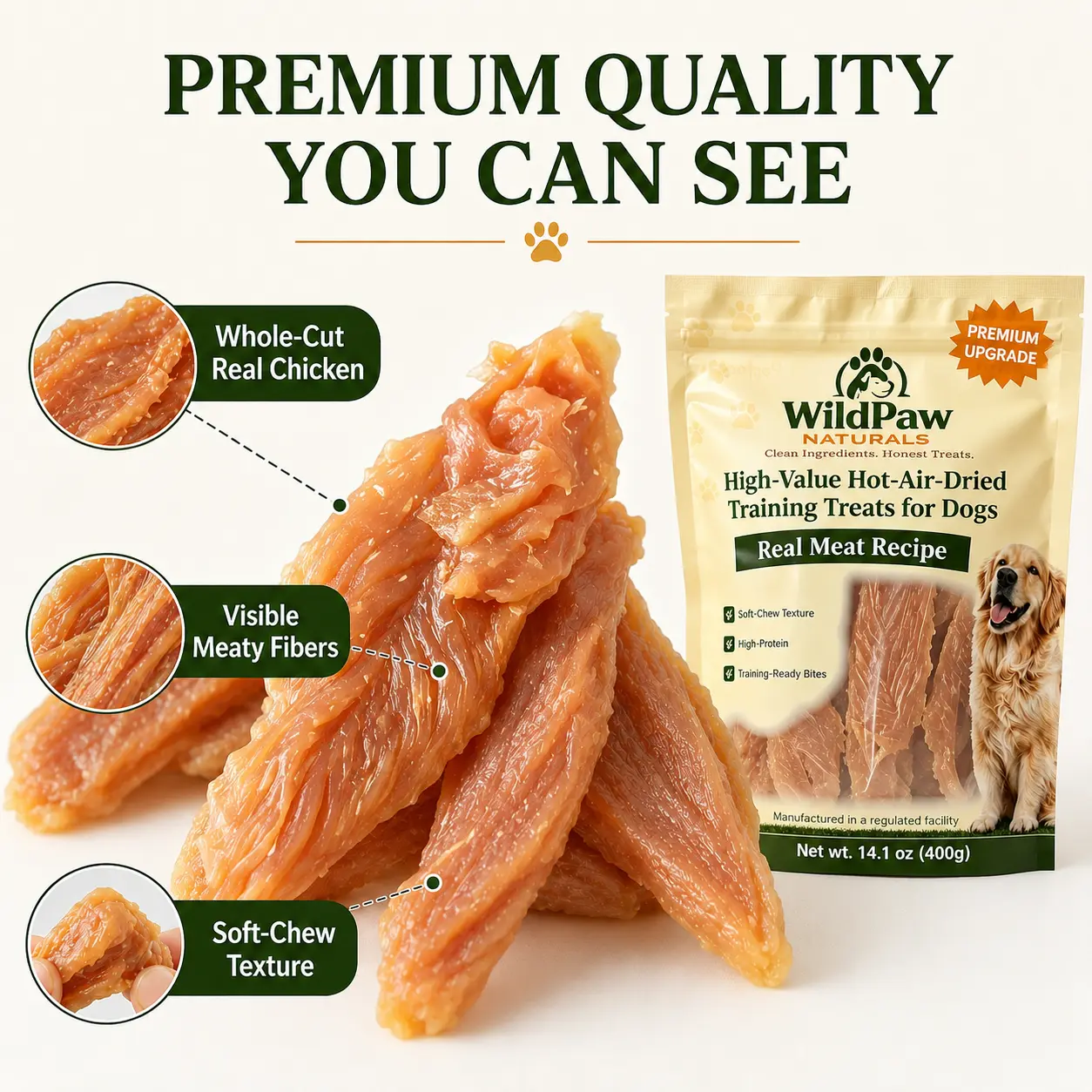 Wildpaw Natural Grain-Free Whole Cut Classic Jerky Dog Training Treats - 14.1Oz Real Chicken Breast, Easy Chew Meaty Texture, Resealable Bag, 12-Month Shelf Life, Dairy-Free Treat, Fuller Whole-Cut Look, All Ages Rewards - Image 4