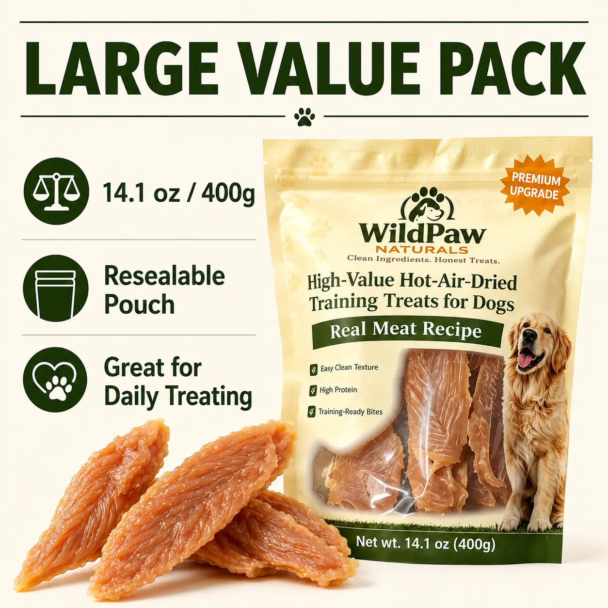 Wildpaw Natural Grain-Free Whole Cut Classic Jerky Dog Training Treats - 14.1Oz Real Chicken Breast, Easy Chew Meaty Texture, Resealable Bag, 12-Month Shelf Life, Dairy-Free Treat, Fuller Whole-Cut Look, All Ages Rewards - Image 7