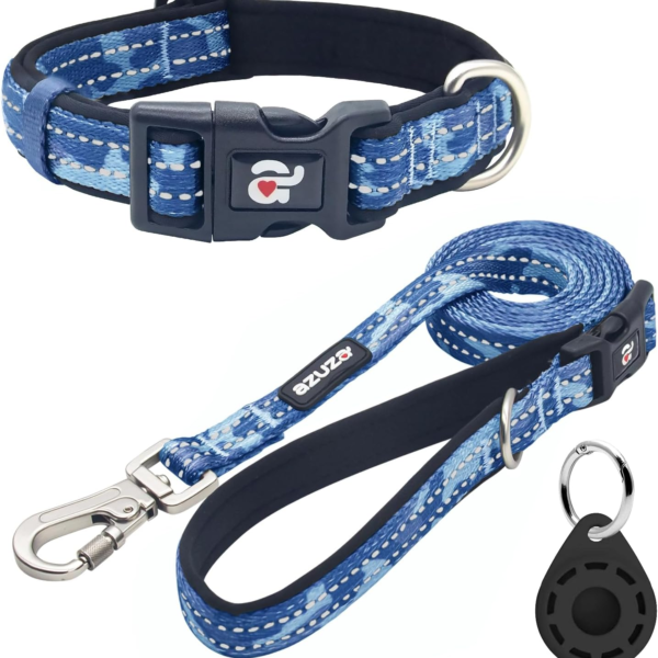 Reflective Dog Collar and Leash Set with Airtag Holder, Blue Camo Padded Collar with Matching Clip Handle Leash for Small Dogs