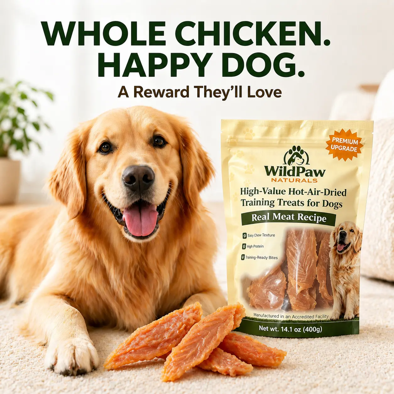 Wildpaw Natural Grain-Free Whole Cut Classic Jerky Dog Training Treats - 14.1Oz Real Chicken Breast, Easy Chew Meaty Texture, Resealable Bag, 12-Month Shelf Life, Dairy-Free Treat, Fuller Whole-Cut Look, All Ages Rewards - Image 3