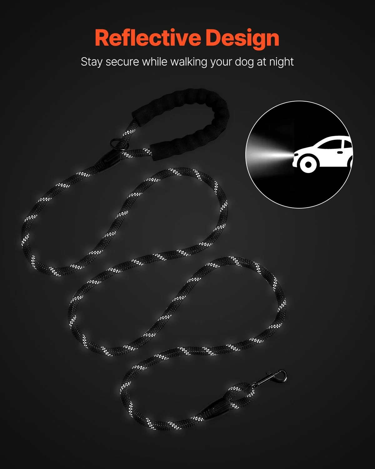 Rope Dog Leash, 6Ft Heavy Duty Dog Leash with Comfortable Padded Handle, Strong Nylon Thick Leash with Reflective Threads, Dog Walking and Training Leash, for Medium Large Dogs (1/2 In, Black) - Image 5