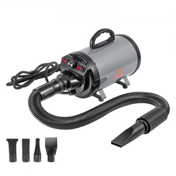 Dog Dryer, 2000W/2.7HP Dog Blow Dryer, Pet Grooming Dryer with Adjustable Speed and Temperature Control, Pet Hair Dryer with 4 Nozzles and Extendable Hose, Grey and Black