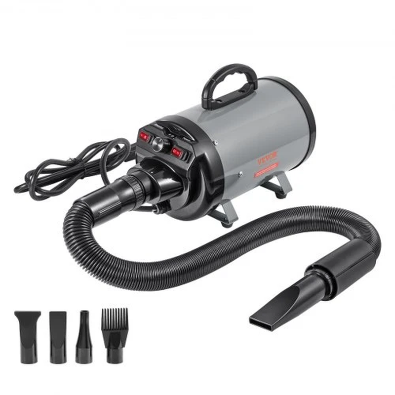 Dog Dryer, 2000W/2.7HP Dog Blow Dryer, Pet Grooming Dryer with Adjustable Speed and Temperature Control, Pet Hair Dryer with 4 Nozzles and Extendable Hose, Grey and Black