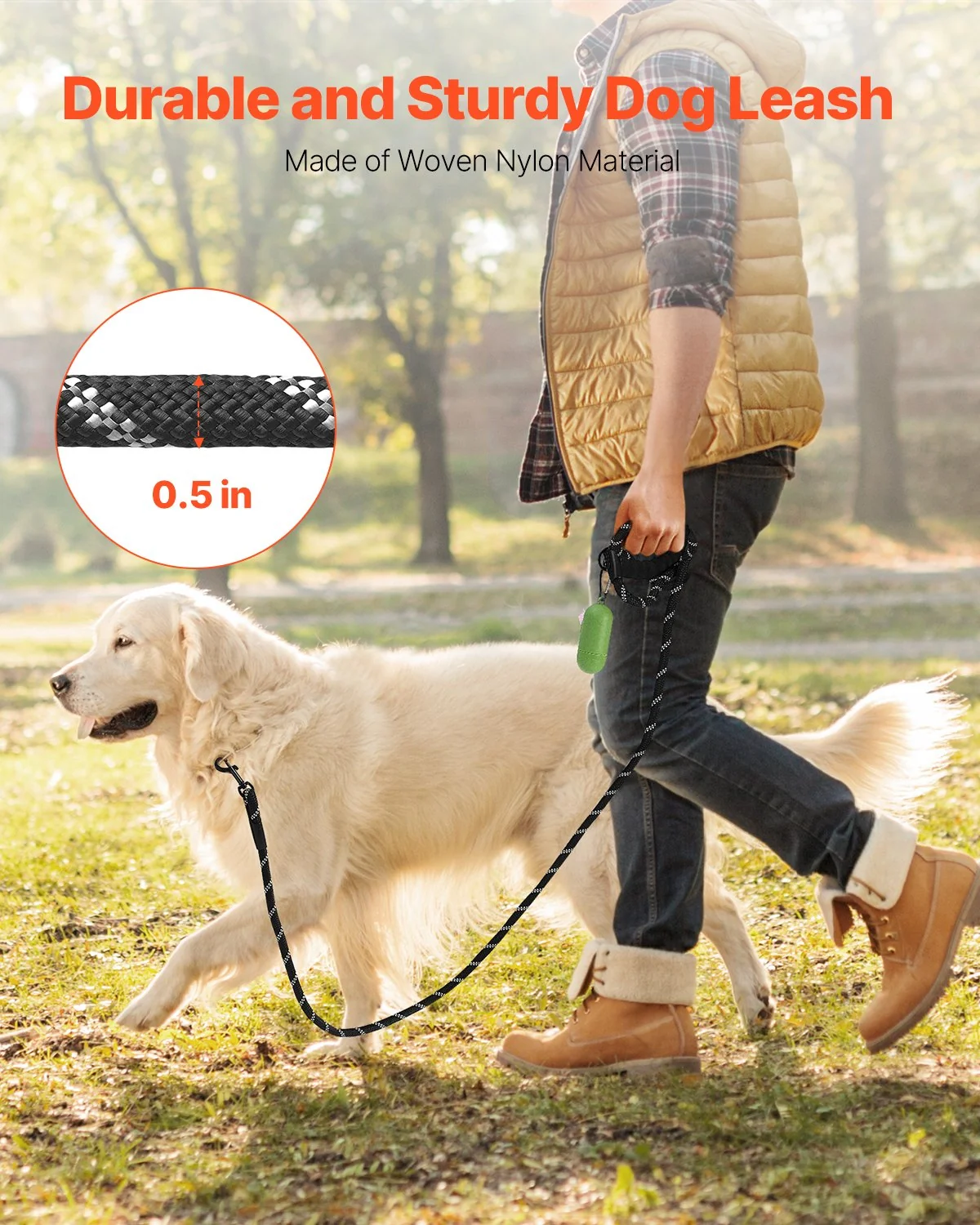 Rope Dog Leash, 6Ft Heavy Duty Dog Leash with Comfortable Padded Handle, Strong Nylon Thick Leash with Reflective Threads, Dog Walking and Training Leash, for Medium Large Dogs (1/2 In, Black) - Image 2